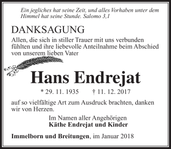 Traueranzeige von Hans Endrejat von Südthüringer Presse