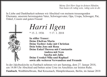 Traueranzeige von Harri Ilgen von Südthüringer Presse