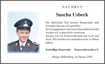 Traueranzeige von Sascha Usbeck von Südthüringer Presse