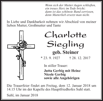 Traueranzeige von Charlotte Siegling von Südthüringer Presse