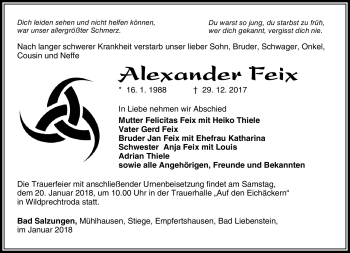 Traueranzeige von Alexander Feix von Südthüringer Presse