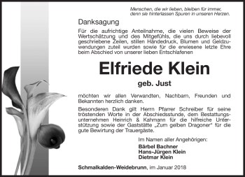 Traueranzeige von Elfriede Klein von Südthüringer Presse