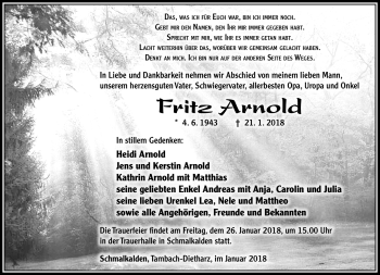 Traueranzeige von Fritz Arnold von Südthüringer Presse