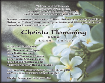 Traueranzeige von Christa Flemming von Südthüringer Presse