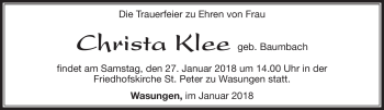Traueranzeige von Christa Klee von Südthüringer Presse
