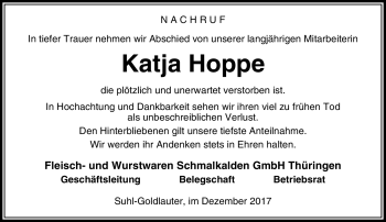 Traueranzeige von Katja Hoppe von Südthüringer Presse