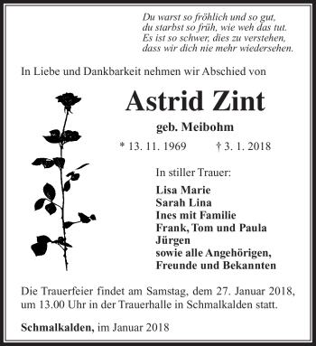 Traueranzeige von Astrid Zint von Südthüringer Presse
