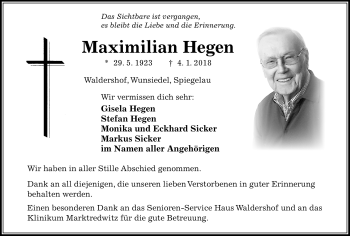 Traueranzeige von Maximilian Hegen von Frankenpost