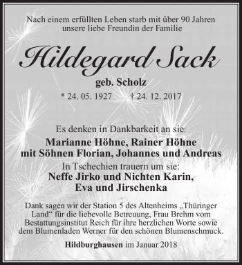 Traueranzeige von Hildegard Sack von Südthüringer Presse