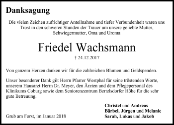 Traueranzeige von Friedel Wachsmann von Neue Presse Coburg
