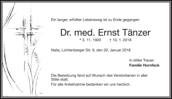 Traueranzeige von Ernst Tänzer von Frankenpost