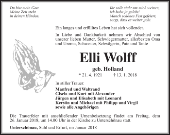 Traueranzeige von Elli Wolff von Südthüringer Presse