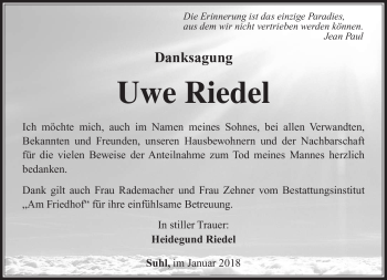 Traueranzeige von Uwe Riedel von Südthüringer Presse