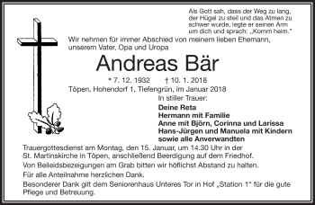 Traueranzeige von Andres Bär von Frankenpost