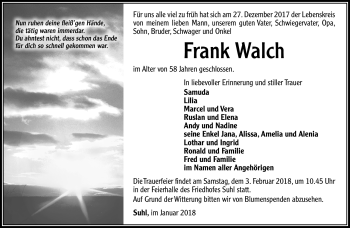 Traueranzeige von Frank Walch von Südthüringer Presse