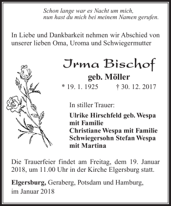 Traueranzeige von Irma Bischof von Südthüringer Presse