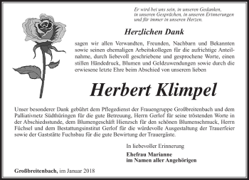 Traueranzeige von Herbert Klimpel von Südthüringer Presse