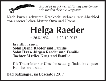 Traueranzeige von Helga Raeder von Südthüringer Presse