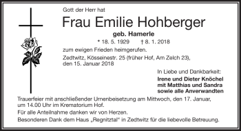 Traueranzeige von Emilie Hohberger von Frankenpost
