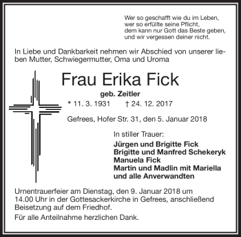 Traueranzeige von Erika Fick von Frankenpost