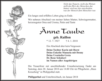 Traueranzeige von Änne Taube von Südthüringer Presse