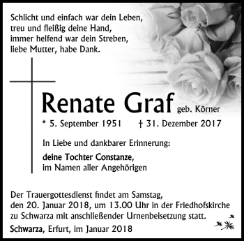 Traueranzeige von Renate Graf von Südthüringer Presse