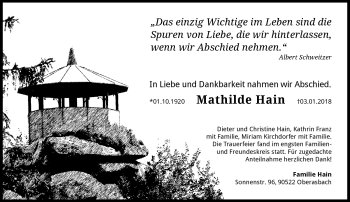 Traueranzeige von Mathilde Hain von Frankenpost