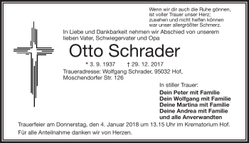 Traueranzeige von Otto Schrader von Frankenpost