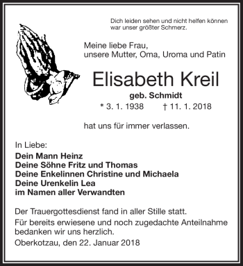 Traueranzeige von Elisabeth Kreil von Frankenpost