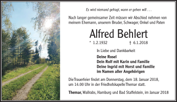 Traueranzeige von Alfred Behlert von Südthüringer Presse