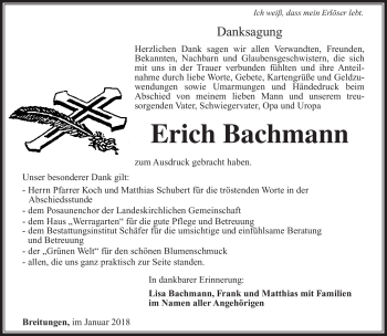 Traueranzeige von Erich Bachmann von Südthüringer Presse