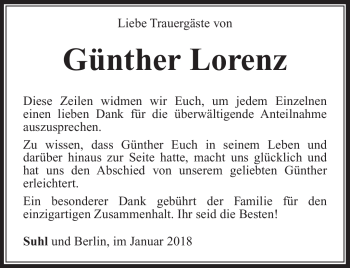 Traueranzeige von Günther Lorenz von Südthüringer Presse