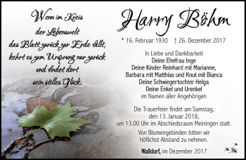 Traueranzeige von Harry Böhm von Südthüringer Presse