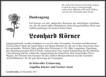 Traueranzeige von Leonhard Körner von Südthüringer Presse