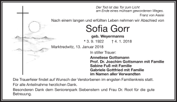 Traueranzeige von Sofia Gorr von Frankenpost