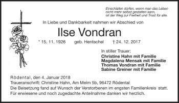 Traueranzeige von Ilse Vondran von Neue Presse Coburg