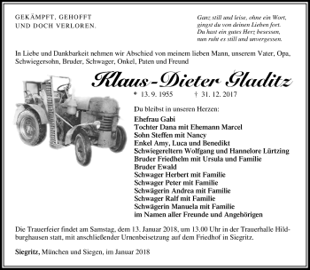 Traueranzeige von Klaus-Dieter Gladitz von Südthüringer Presse