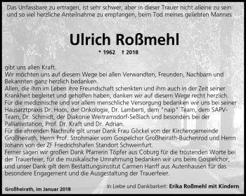 Traueranzeige von Ulrich Roßmehl von Neue Presse Coburg