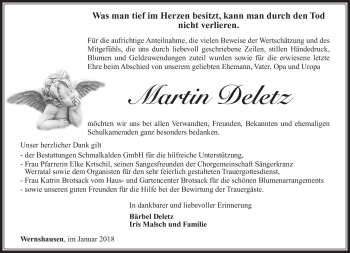 Traueranzeige von Martin Deletz von Südthüringer Presse