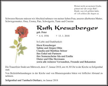 Traueranzeige von Ruth Kreuzberger von Südthüringer Presse