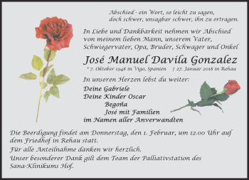 Traueranzeige von José Manuel Davila Gonzales 