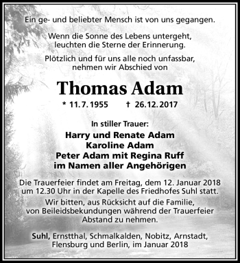 Traueranzeige von Thomas Adam von Südthüringer Presse