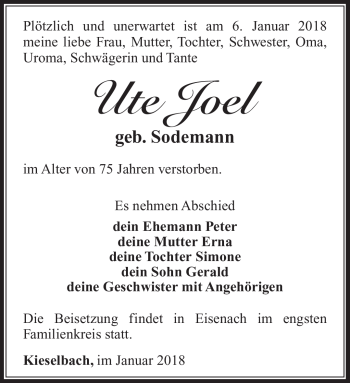 Traueranzeige von Ute Joel von Südthüringer Presse