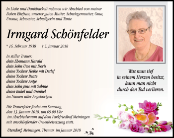 Traueranzeige von Irmgard Schönfelder von Südthüringer Presse
