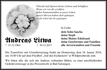 Traueranzeige von Andreas Litwa von Südthüringer Presse