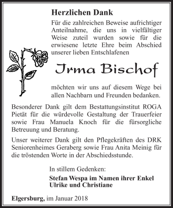 Traueranzeige von Irma Bischof von Südthüringer Presse