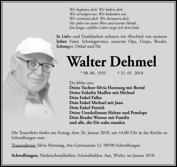 Traueranzeige von Walter Dehmel von Südthüringer Presse