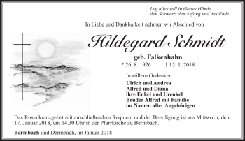 Traueranzeige von Hildegard Schmidt von Südthüringer Presse