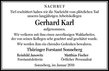 Traueranzeige von Gerhard Karl von Südthüringer Presse