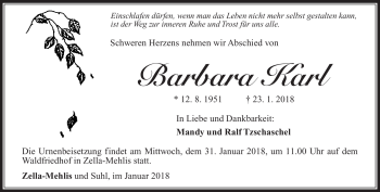 Traueranzeige von Barbara Karl von Südthüringer Presse